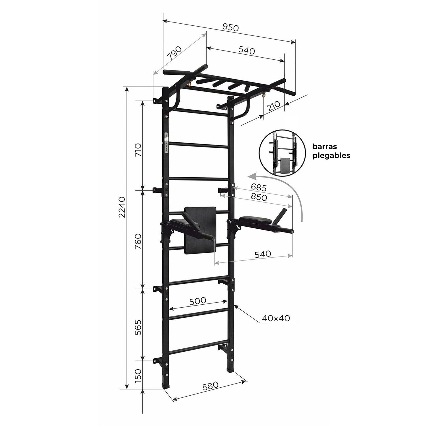 Gimnasio para Adultos de Pared con Espaldera, Barra de Dips Plegables hasta 250 kg GRAND 224*79*58 cm