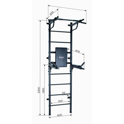 Gimnasio para Adultos de Pared  con Espaldera, Barra de Dips Plegables hasta 250 kg START 230*60*62.5 cm Blanco- Negro